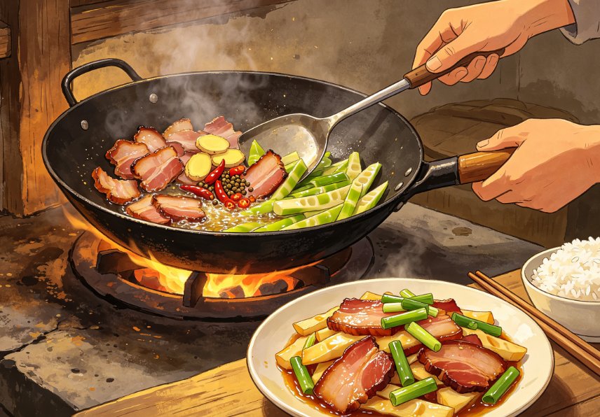 腊肉煸出油,再与笋片、姜椒、蒜苗同炒4.png