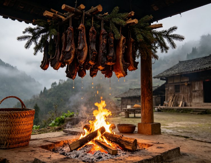 彝家院子火塘挂腊肉.png