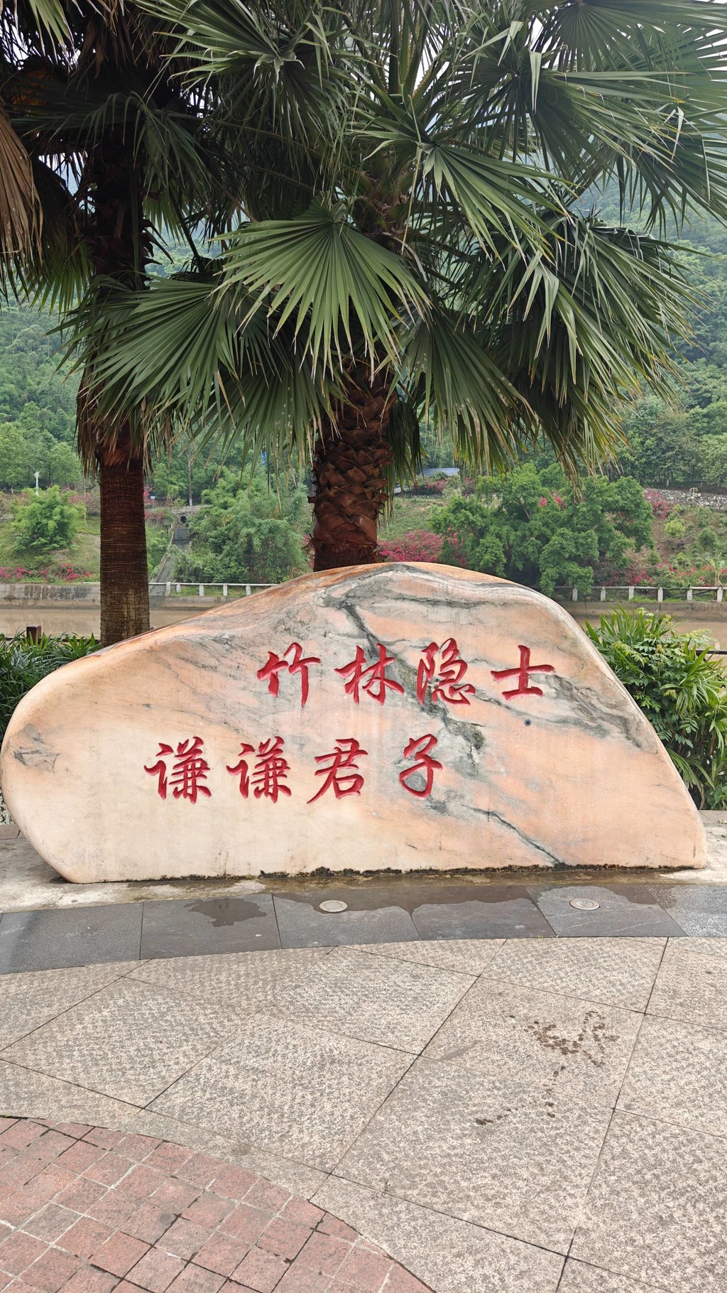 马边人的日常，一半藏在滨河步道，一半藏在熊猫广场。广场边的棕榈树、木栈道，还有刻着 “谦” 字的景观石，把小城的气质拿捏得刚刚好。沿着河边慢慢走，河水映着远山，云雾裹着青山，连风都带着慢悠悠的味道。不用特意找景点，就在熊猫广场周边散散步，吹吹河风，看看石头上的字，感受 “和马边，歌舞洋溢” 的温柔，这就是马边独有的慢生活呀