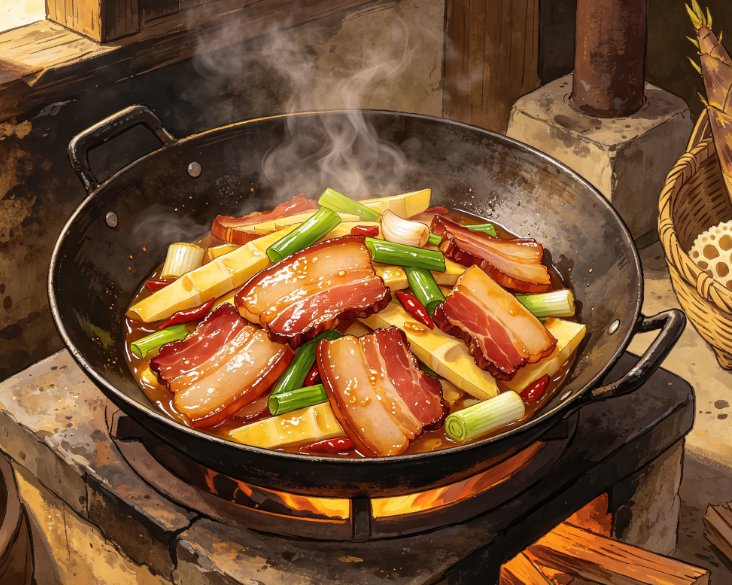 马边农家灶台与竹笋烧腊肉.png