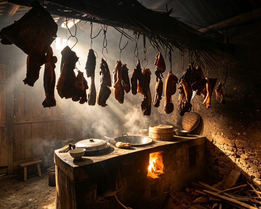 老灶台熏腊肉.png